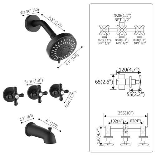 BEIYI 3 Handle Shower Faucet Set with Tub Spout Matte Black Tub and Shower Trim Kit Bathtub Shower Faucets Completes Three Knod - Thumbnail 7
