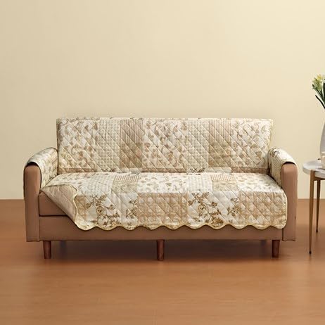 S M Ent. Garden Floral Patchwork Scalloped Edge Furniture Protector-Loveseat -Tan