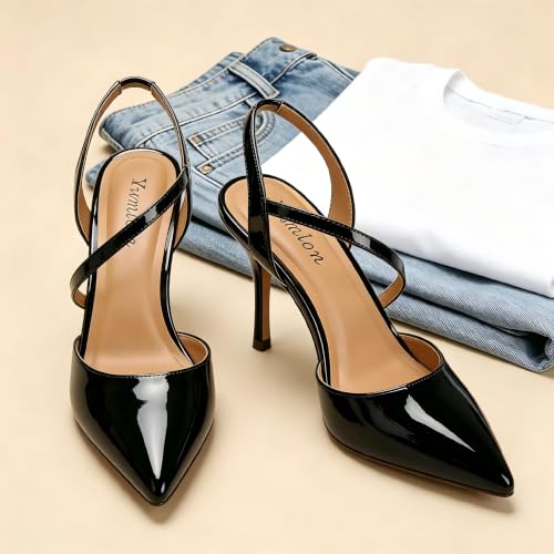 Image of Closed Toe Slingback Heels Wedding High Stiletto Heel for Women 3.3 Inch Ankle Strap Pointed Toe Pumps Prom Dress Bride Shoes for Dinner Party Sexy