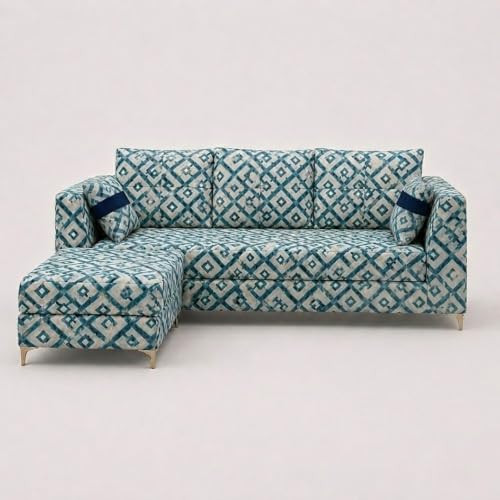 Image of FURNY Signature Cresta 4-Seater L-Shape Sofa Set with Movable Ottoman | Flexible LHS /RHS Layout | Tapestry Fabric | 40D Foam + Zigzag Spring | 3-Yr Warranty (Lagoon Mosaic Blue)