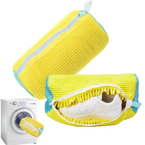 Shoe Washing Machine Bag，Laundry Bag for Shoes Cleaning ，Reusable Laundry Shoe Bag with Durable Hidden Zipper for Sports Shoes,Mesh Bags with Fluffy Fibers for Trainers(2Pcs) (Yellow)