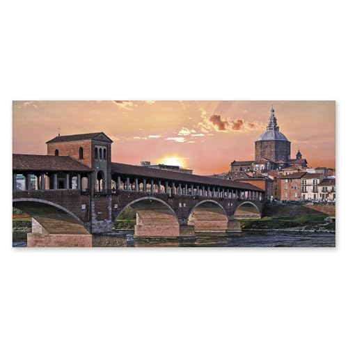 Lupia - Quadro moderno su Tela Canvas DEEP 65X143 cm, con paesaggi e localismi italiani, per casa, soggiorno, capezzale camera da letto, hotel, ufficio, PAVIA - PONTE E DUOMO AL TRAMONTO