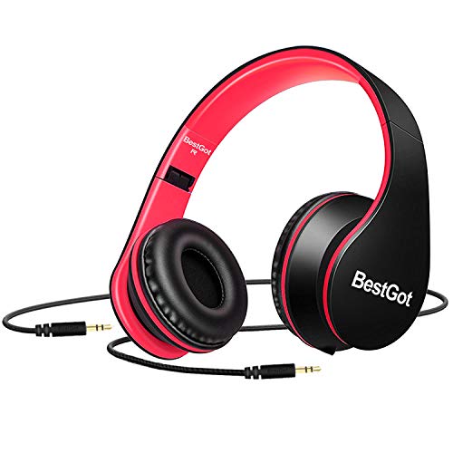 BestGot Kids Headphones for Kids Foldable Headphones with 3.5mm Plug Removable Cord (Black/Red)