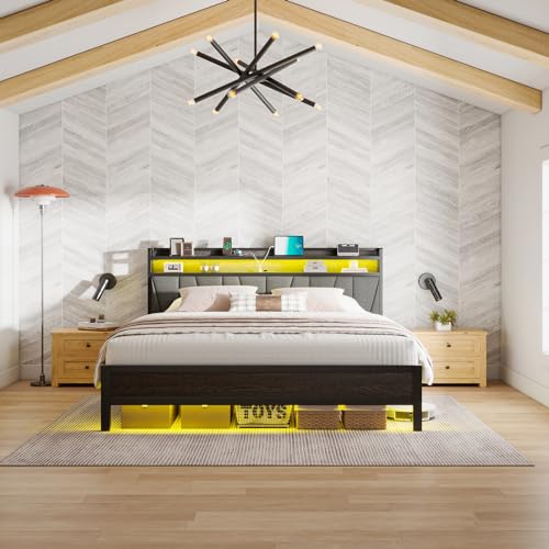 LUXOAK King Size Bed Frame with RGBW LED Lights & Charging Station, Linen Upholstered Headboard with 2-Tier Storage, Stable Metal Platform, No Box Spring Needed/Noise-Free, Black