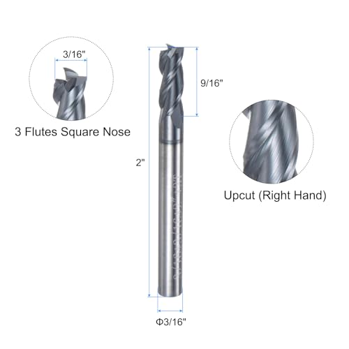 Image of uxcell Carbide Square End Mill, 3 /16 inch Diameter TiAlN Coated 3 Flutes Milling Bit Cutter, for Hardened Steel Stainless Steel Alloy Metal, 3 /16 inch Shank 9 /16 inch Cut Length 2 inch Long HRC55