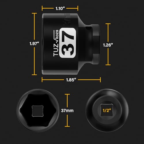 Image of 1 /2 Inch Drive 37mm Shallow Metric Impact Socket,CR-MO,6 Point Radius Corner Design,Square Chamfered Opening,Axle Nut Impact Grade Socket for Easy Removal