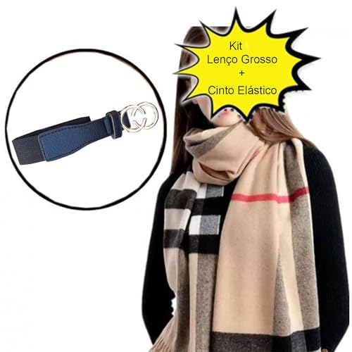 Cachecol Pashmina Xale Manta Lenço Xadrez com Franjas Modelo Longo Grosso + Cinto Elástico Preto