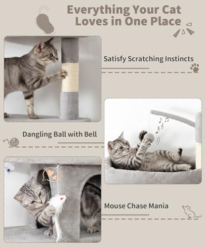 Image of 74 Inch Heavy Duty Cat Tree for Large Cats, Multi-Cat Tower with 3 Condos, Tall Cat Condo with XL Platform, Hanging Basket & Sisal Scratching Posts, PMT04GY, Grey