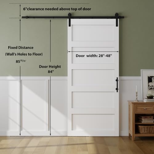 Image of SMARTSTANDARD 30in x 84in Sliding Barn Door with 5FT Hardware Track Kit | Waterproof PVC Surface, Pre-Drilled Holes Easy to Assemble, Solid, MDF, White, 5-Panel