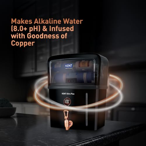 Image of KENT Ultra Plus UV Water Purifier | UV+UF+Alkaline+Copper Water Purification | With Benefits of Alkaline & Copper | Fully Automatic Operation | Wall Mountable | 8L Storage | 60 L /hr Output | Black
