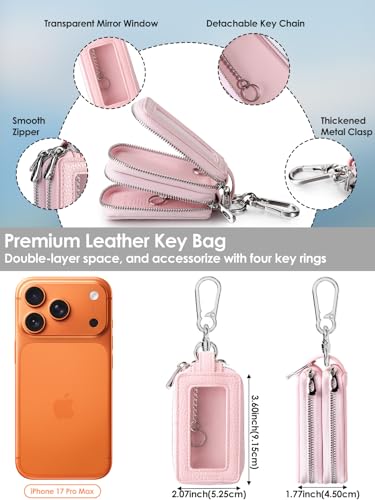 Image of Keychain, Works with Apple Find My, Key Finder Built-in Anti-Loss Tracker, Leather Car Fob Key Holder, Double-Layer Car Key Chains with Global Locator Tracking, Rechargeable (Pink)