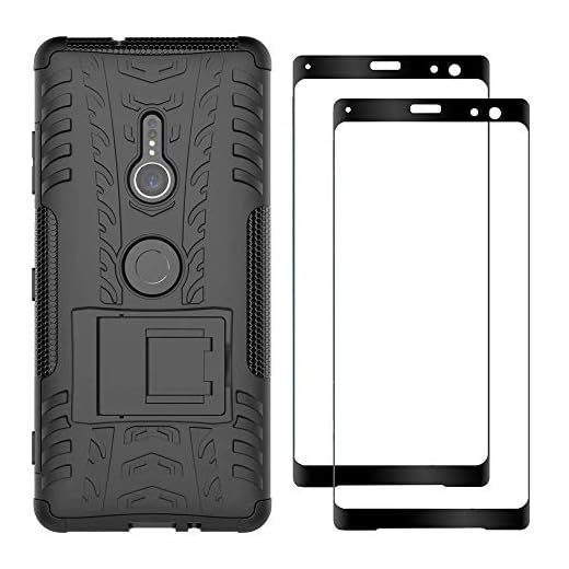 FANFO® Fodral + 2-pack skärmskydd kompatibelt med Sony Xperia XZ3, Kickstand fodral + 2-pack 9H hårdhet härdat glas skärm, svart