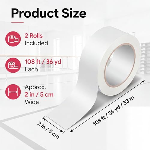 Image of Pangda 2 Rolls Dance Floor Vinyl Tape White 36 yd x 2 in Durable Tape Splicing Strong Adhesion No Residue for Gym Dance Room Restaurants Kitchen Floor Safety Marking