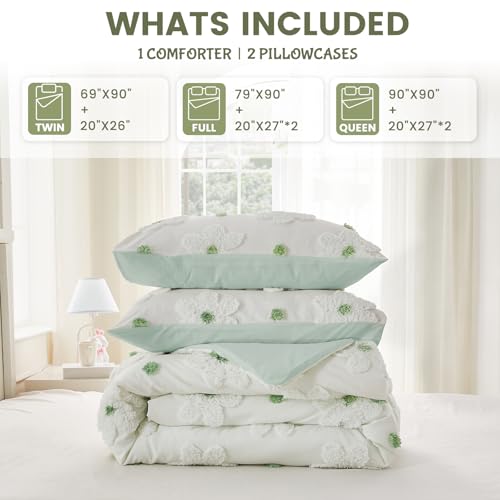Image of Full Size Comforter Set for Girls Boho Sage Green Flowers Bedding Set