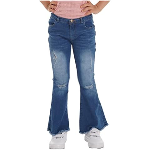 Agoky Kids Girls Casual Skinny Ripped Bell Bottom Denim Jeans Tassel Flared Pants Slim Fit Denim Trousers Blue 11-12 Years Cover