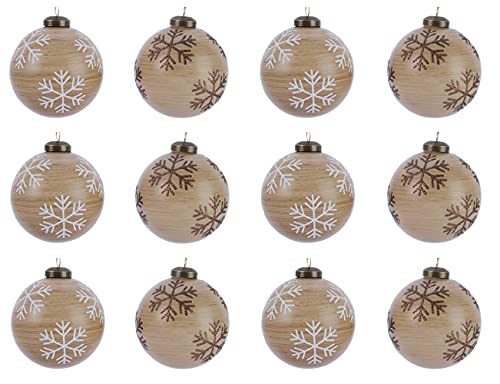 Weihnachtskugeln Glas 8cm x 12 Stück Schneeflocken Motiv Christbaumkugeln Holz braun weiß