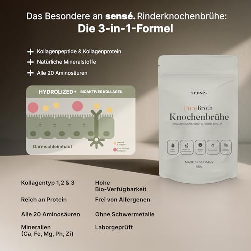 Knochenbrühe Pulver vom Weiderind, aus Deutschland, Bioaktiv, 150g – Kollagen Typ 1,2 & 3 | Unterstützt Gelenke, Darm und Haut | hoher Proteingehalt | Leaky Gut, Keto, Paleo | ohne Salz | Bone Broth