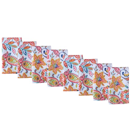Newbridge Square Fabric Napkins, Bohemian Coral Paisley, Set of 8 Napkins, Stain and Water Resistant Heavy Weight Summer Napkins, Boho Chic Multicolor Floral