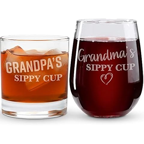 On The Rox Drinks Grandma and Grandpa Gifts - 17oz Grandma's and 11oz Grandpa's Sippy Cups, Set of 2- Gift Wine and Whiskey Glasses - Gift Ideas for First-Time Grandmother or New Grandparents Cover