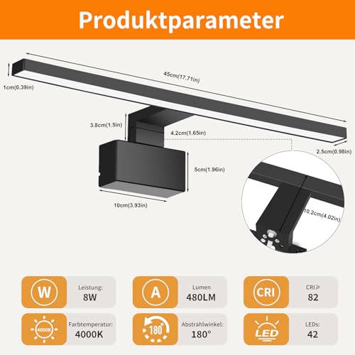 NBEASTKEY Spiegellampen für das Bad, Spiegelleuchten, Wandleuchten für das Bad, 8W 45 cm 230 V 4000 K IP 44 Wasserdichtes neutrales Licht Make-Up Licht Spiegel Lampe,Schwarz