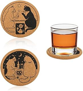 Cork Coasters, Averrex Set of 6 Round Drink Coasters Heat Resistant with Lovely Cats Pattern, Decorative Cup Coasters Protect Drips Dents Non Slip Mat for Mugs and Cups (Size 10cm)