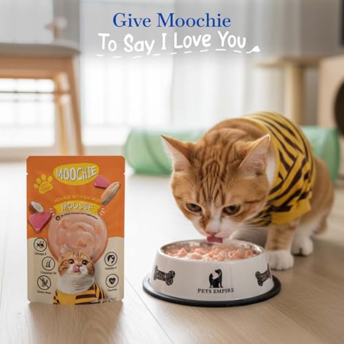 Image of PETS EMPIRE Moochie Tasty Wet Cat Food (85 g X 48 Pouches) Mousse with Salmon, Grain Free Cats Gravy Meal, No Artificial Flavours Kitten Food, Non-Vegetarian Cat Foods Pouch for Kittens