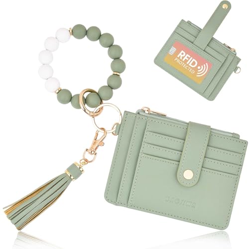 BAOSIWA Wristlet Wallets for Women Small Keychain Wallets Woman Green RFID Blocking Credit Card Holder with Zipper Coin Pocket ID Window