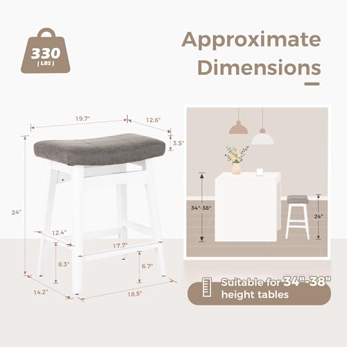 MAISON ARTS White Counter Height Bar Stools Set of 2 for Kitchen Counter Solid Wood Legs with Faux Leather Saddle Seat Farmhouse Barstools for 34\"-38\" Counter Island Upholstered Stools, 24in Height - Thumbnail 2