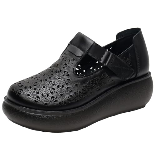 Women's Genuine Leather Hollow Wedge Platform Slip on Rocking Shoes Retro Comfortable Breathable Non-Slip Round Toe Hook Loop Soft Sole Nurse Mom Loafers for Walking Party