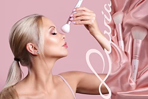 Zestaw pędzli do makijażu Luvia, Prime Vegan Pro - Candy, 7 pędzli do makijażu, w tym pojemnik na pędzle, gąbka do blendowania i mata do czyszczenia pędzli kosmetycznych, w kolorze perłowym i różowym