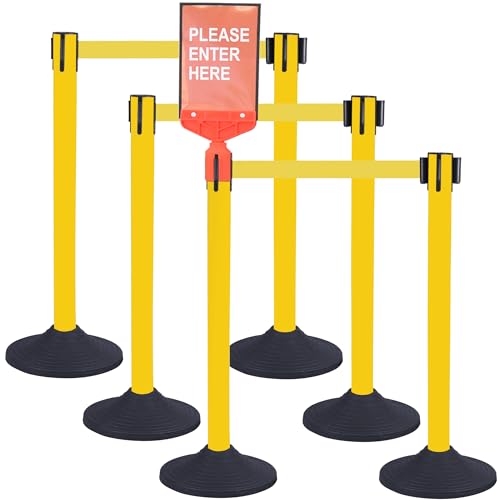 OangeStar 6 Packs Crowd Control Stanchions w/10ft Retractable Belt, Crowd Control Barriers Set w/1 Sign, Rubber Base, Ideal for High Traffic Areas, Queue Management