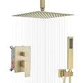 JingGang 12 Inch Ceiling Mount ?Brushed Gold Shower System Bathroom Luxury Rain Mixer Shower Combo Set Ceiling Rainfall Shower Head System (Contain Shower Faucet Rough-in Valve Body and Trim Kit)