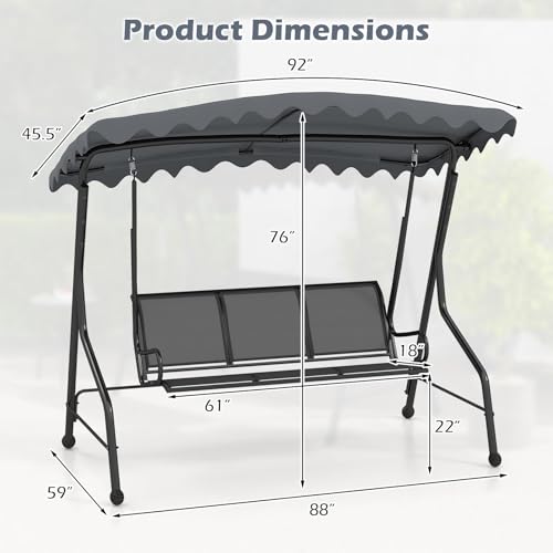 Image of Tangkula 3 Person Porch Swing, Patio Swing with Adjustable Canopy, Heavy-Duty Metal Frame & Breathable Seat, Outdoor Metal Swing for Backyard, Poolside, Balcony, Garden, 1000 lbs Max Load (Grey)