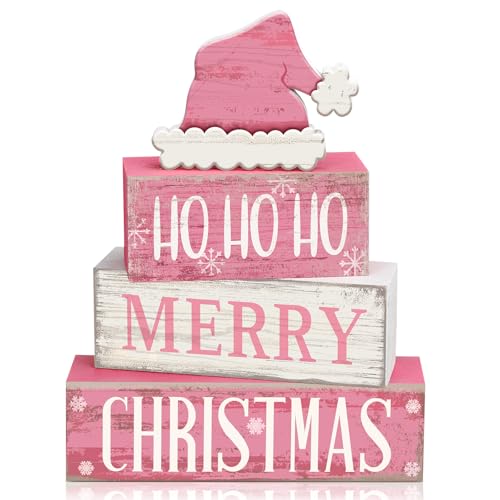 Moucuny 4 Pcs Christmas Table Decorations Pink Santa Hat Decor Christmas Tiered Tray Decor Rustic Wood Pink Hat Block Sign Gift Xmas Table Centerpiece Farmhouse for Home Shelf Kitchen Decorations