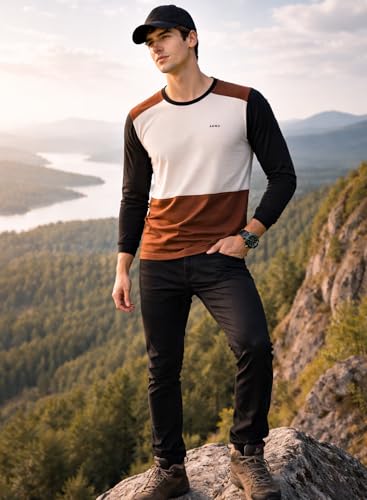 Image of ADRO Men's Full Sleeve T-Shirt Navy Grey Colorblock | Cotton Round Neck Casual Tshirt | Regular Fit Stylish T Shirt