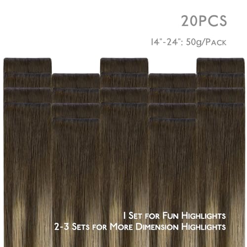 Image of WENNALIFE Invisi Edge Tape in Hair Extensions Human Hair | 14 Inch 50g 20pcs Balayage Chocolate Brown to Caramel Blonde Invisi Remy Hair tensions Seamless Injected Tape Ins Straight