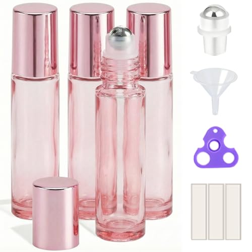 PrettyCare 4 Pack, 10 ml Essential Oil Roller Bottles with Stainless Steel Roller Ball - Refillable Leak-proof Empty Thick Pink Glass Roll on Bottles with Pink Caps for Travel, Perfume