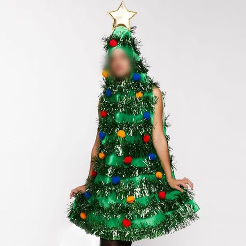 Felcia Damen Weihnachtsbaum-Kostüm Elegantes ärmelloses Plüsch-Kugel-Lametta-Patchwork-Kapuze Minikleid Weihnachts-Verkleidung (A-Grün, Einheitsgröße)