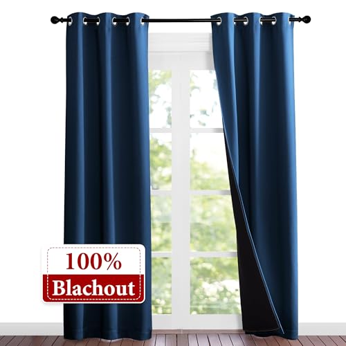 Image of NICETOWN 100% Blackout Short Curtains with Black Liners, Solid Thermal Insulated Full Blackout 2-Layer Lined Energy Efficiency Window Drapes for Bedroom (2 Panels, 37 inch W by 84 inch L, Moroccan Blue)