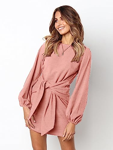 Image of PRETTYGARDEN Womens Spring Elegant Long Lantern Sleeve Short Dress Wedding Guest Crewneck Tie Waist Knit Cocktail Dresses