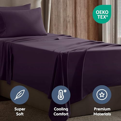 Image of Nestl Twin Bed Sheet Set - Purple - 3-Piece Deep Pocket | Instantly Soft, Night-One Ready (No Wash Required). Fits 16-Inch Deep Pockets, 360-Degree Elastic Grip