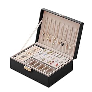 JQAM Sieradendoos Organizer voor Dames Meisjes, Twee Lagen PU Lederen Sieraden Opbergkoffer, Afsluitbare Compacte…