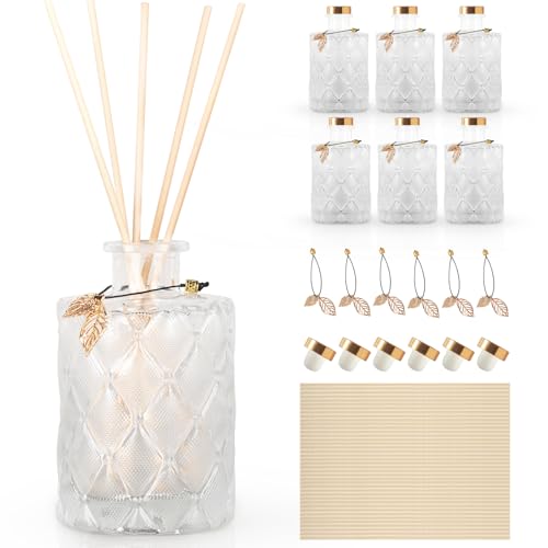 Glass Reed Diffuser Bottles for Decorative, Vintage Embossed Apothecary Style Flower Bud Vases with Cork Lids, Set of 6?Small Leaves ?