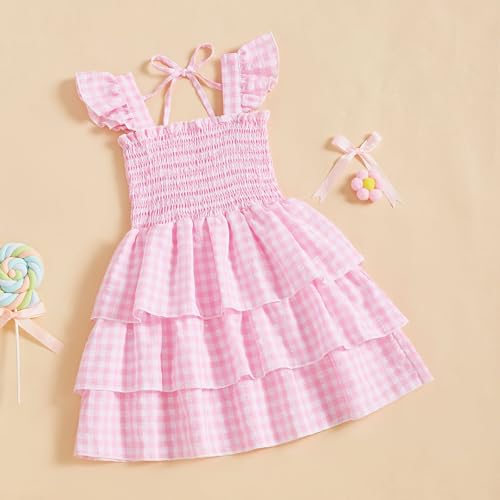 Girls Ruffle Layered Plaid Dress Summer Short Sleeve Smocked Flowy Beach Dresses Square Neck Swing Sundress3