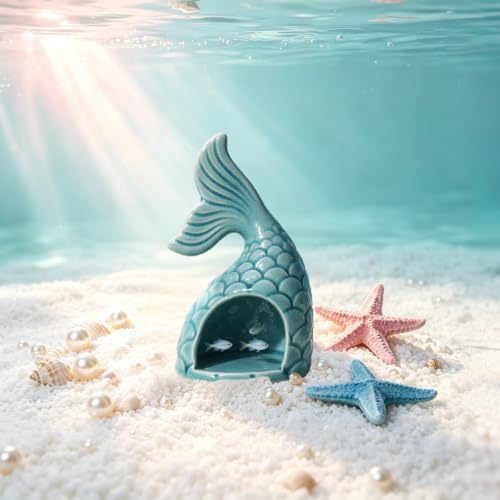 Image of Blue Aquarium Decor Ceramic Mermaid Tail Betta Fish Tank Cave