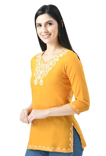 Image of QAZMI Women's Resham Embroidered Kurti |Elegant Design,3 /4 Sleeves, Sweet Heart Neck
