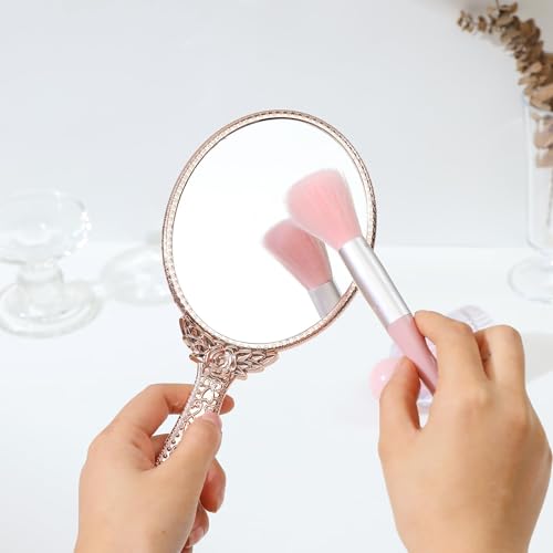 Image of KIRA Hand Mirror Makeup Mirrors Vintage Handheld Decorative Personal Vintage Cosmetic Travel Mirrors Oval Embossed Flower Mirrors with Handle for Women (Silver Black Gold Rosegold-Any ONE)