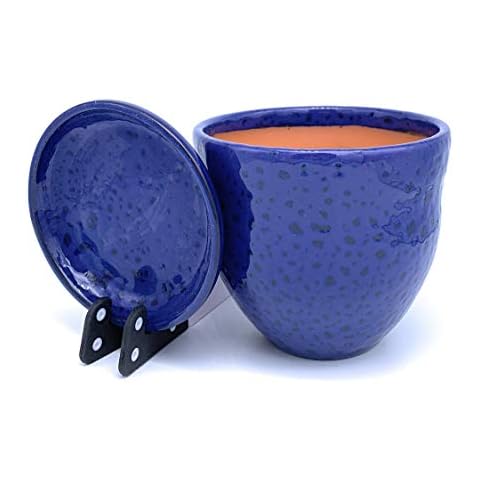Sun Cakes Ceramic Plant Pot Glazed with Saucer Round Terracotta with Drip Tray Flower Pot Clay Coloured Flower Pot Gala (14cm x 12cm, Blue) Cover