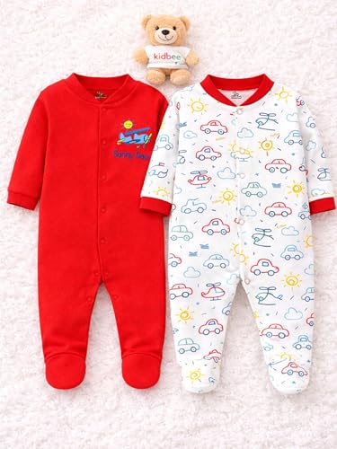 Image of Kidbee Baby Cotton Romper Pack of 2 | 100% Soft Cotton Hosiery | Front Open Snap Buttons | Full Sleeve Footed Sleepsuit | Newborn Baby Clothing Set