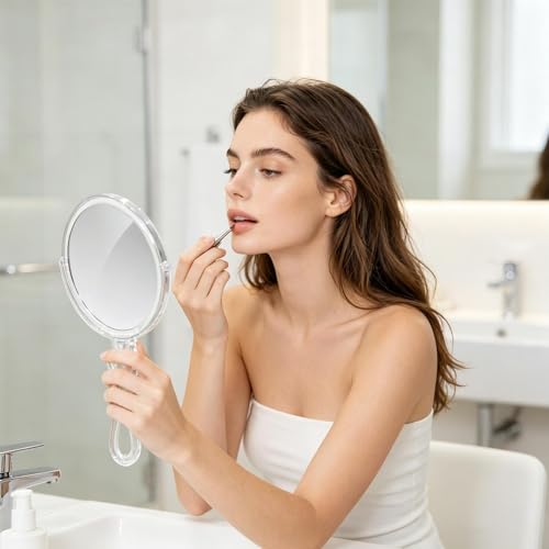 Espejo de maquillaje de mano portátil con asa y aumento doble cara 3